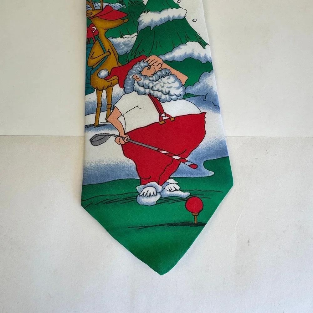 Vtg 90s Hallmark Polyester Santa Reindeer Play Golf Night Snow Christmas Necktie